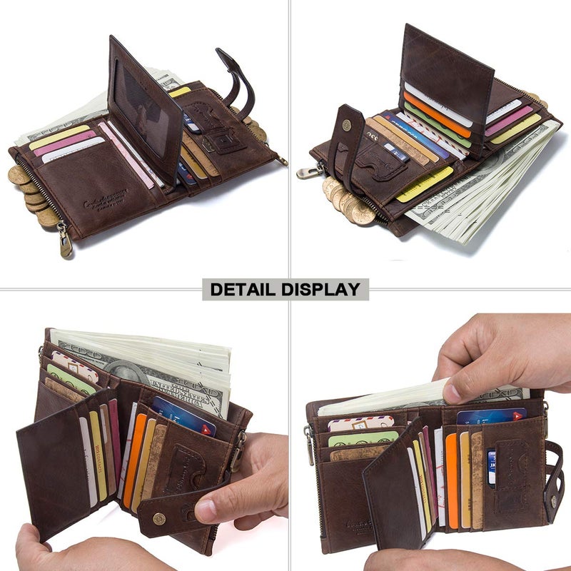 CONTACTS Wallet for Men- Men Leather Wallet,Trifold Wallet RFID Blocking Zipper Pocket Coin Credit Card Holder Purse With ID Window - Image 5